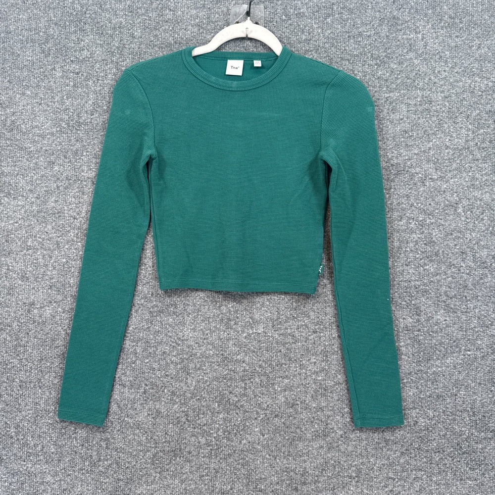 Tna Shirt Women 2XS Green Waffle Knit Cropped Long Sleeve Thermal Crewneck Shirt
